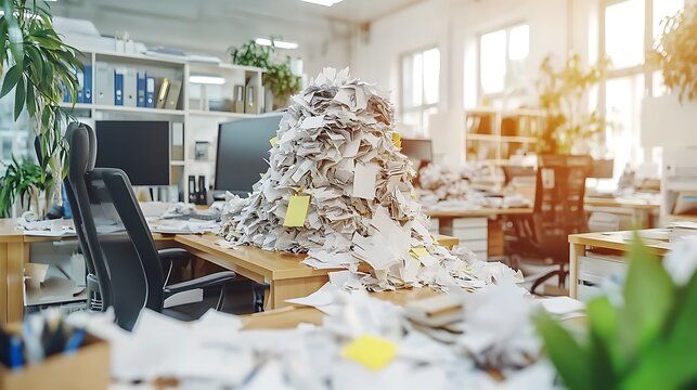 A mountain of papers overwhelms an office workspace.