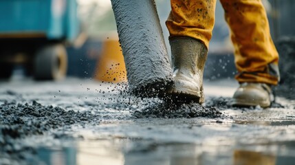 Construction worker pouring cement. Featuring construction and cement mixing