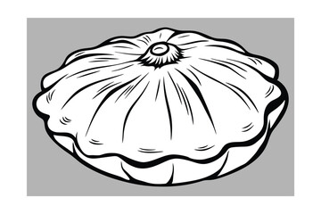 Graphic Black And White Illustration Of A Pattypan Squash With Bold Outline And Clean Style Suitable For Design Projects