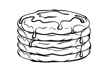 Stack Of Pancakes Drizzled With Syrup Black And White Line Art Illustration Vector Design Breakfast Treat Graphic Outline