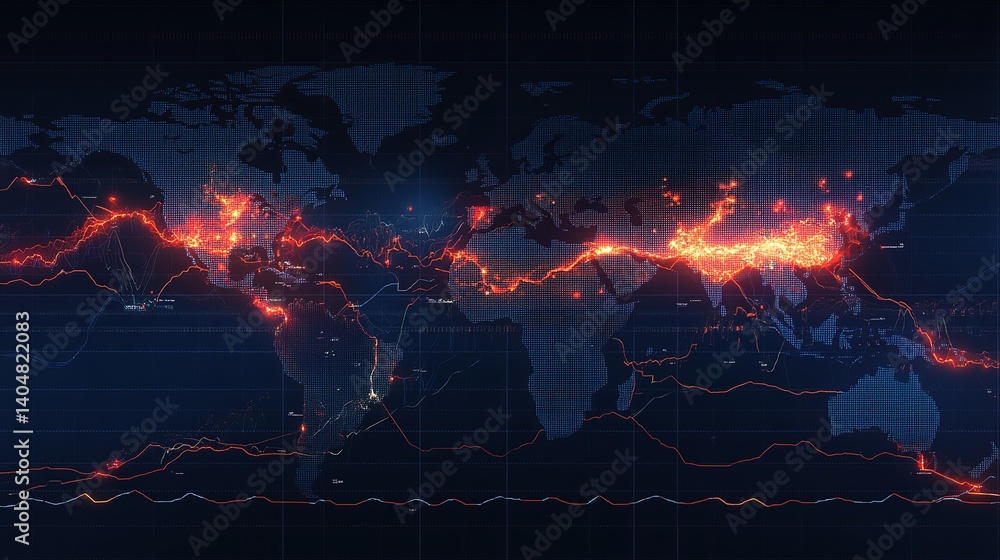 Poster global network connections map data visualization digital world technology background dark blue red