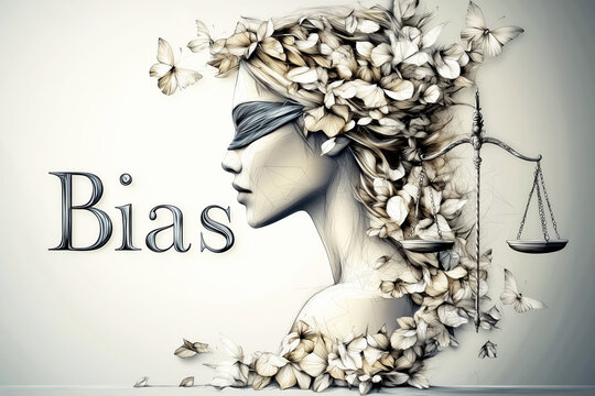 Delicate illustration of Lady Justice composed of organic elements like leaves or butterflies, with scales and the word bias.