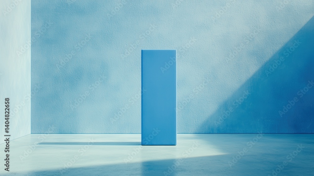 Poster a blue rectangular object stands alone in a minimalist room.