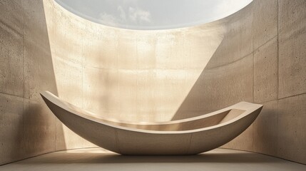 A modern concrete bathtub with a curved shape and a skylight above it.