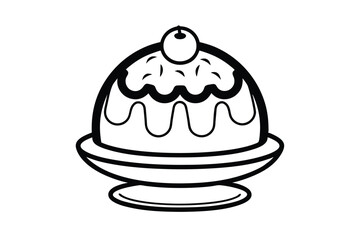 Black And White Pudding On Dish Outlined Vector Illustration Minimalist Food Icon Dessert Cherry Topping Sweet Treat Design