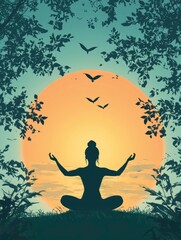 Serene Silhouette: Woman Meditating at Sunset in Tranquil Forest
