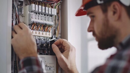 Electrician checking fuse box. Featuring electrical maintenance and troubleshooting