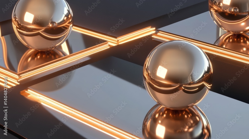 Poster 3d render of chrome spheres and grid structure