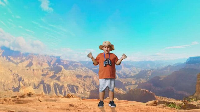 Asian Boy With A Hat Standing Doubtfully And Asking Why After Looking Through The Binoculars. Boy Researcher Examines Something While Traveling At The Top Of Mountain, Travel Adventure, Full Body