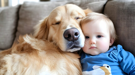 A golden retriever rests its head against a toddler's cheek, enjoying a peaceful moment together