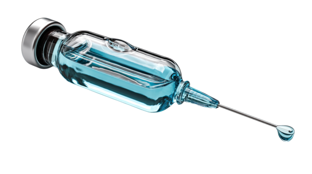 Scientific Injection: A close-up, high-angle shot of a medical syringe filled with a clear, vibrant liquid, poised to deliver a vital injection for health.