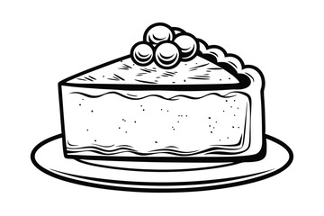 Hand Drawn Slice Of Cake With Berries And A Vintage Outline On A Plate For Restaurant Illustrations