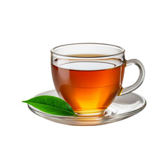 Realistic glass cup and plate of tea with tea leaf on transparent background
