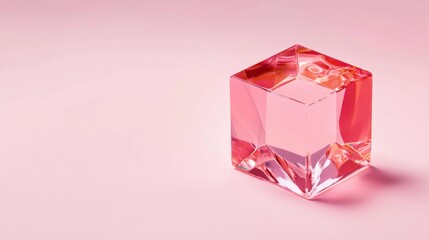 A pink cube with a faceted surface sits on a pink background.