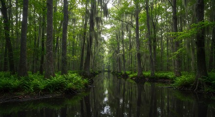 Obraz premium Emerald Corridor: A Bayou's Silent Embrace AI Generated