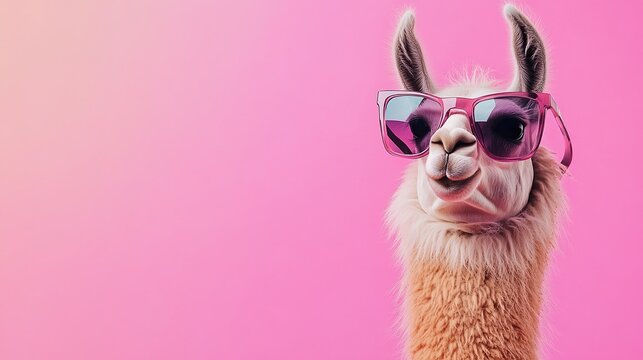 Cool llama with sunglasses on pink background animal portrait funny alpaca summer fashion style trendy 