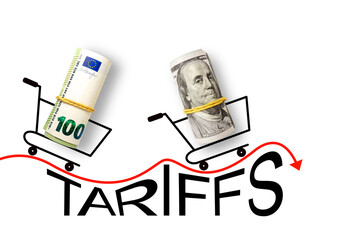 100 dollars and 100 euros on a white background with word Tariffs. Trade, customs, duty and tariffs...