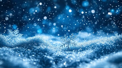 Snowy landscape with focus on delicate snowflakes against bokeh-filled blue