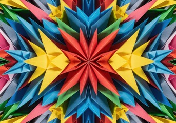 Fototapeta premium Colorful origami stars arranged in intricate patterns on a flat surface