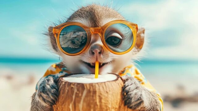 A funny, adorable animal dressed in summer Hawaiian clothes and sunglasses, sipping from a coconut with a straw, enjoying the tropical beach background. Vacation .Funny meme with copy space 
