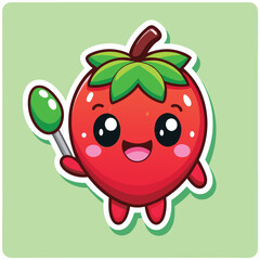 Obraz premium Cute Cartoon Strawberry Character With Lollipop Isolated On Green Background