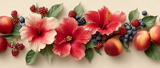 Hibiscus Flowers Fruits Berries Arrangement.