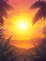 Obraz premium Tropical Sunset: Golden Hour Serenity in Lush Foliage