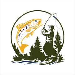 Vintage Fishing Logo – Fisherman Catching Trout in Forest River Scene