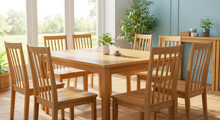 Fototapeta premium Warm Light, Oak Dining Set: Serene Interior Design AI Generated