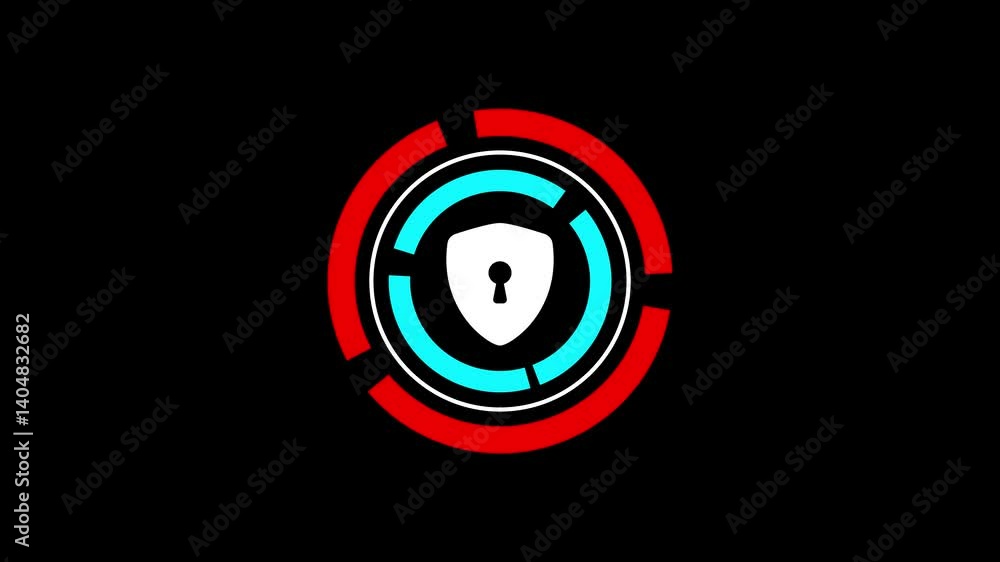 Poster digital security shield icon with futuristic circular hud elements on black background animation