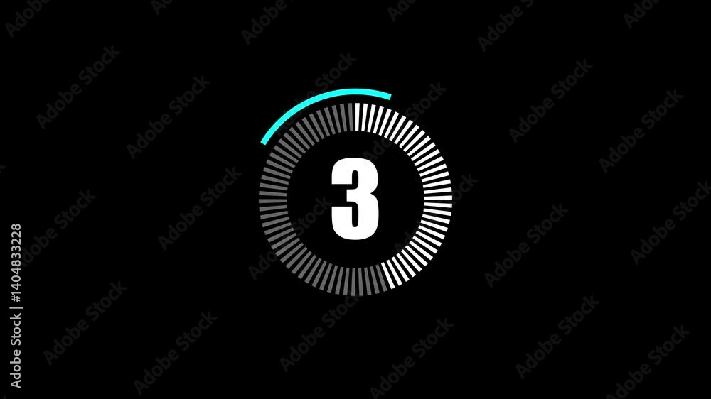 Poster three second countdown timer animation with circular progress bar on black background