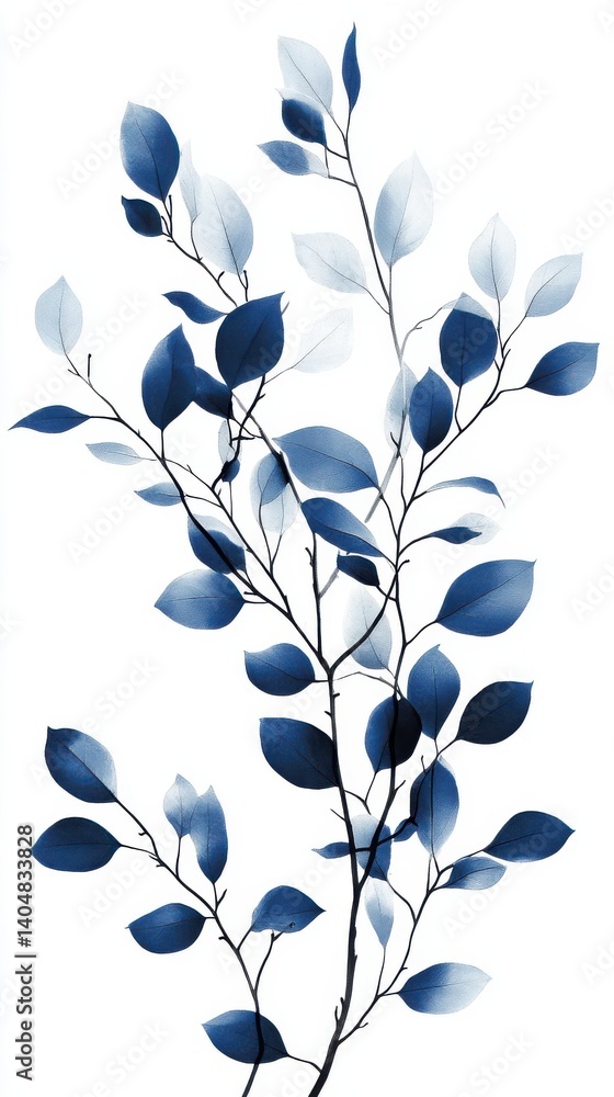 Poster monochromatic cyanotype botanical art: abstract branch with translucent leaves against white backgro