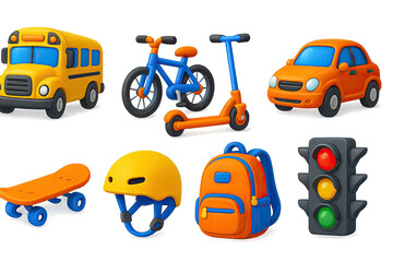 3D icon set of school transportation: school bus, bike, scooter, carpool car, skateboard, helmet, backpack, traffic light. 3d icon.    Isolated