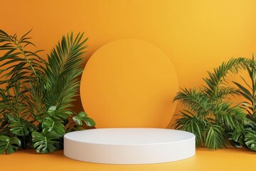 Bright Yellow Background with Minimalist Stage and Lush Green Plants