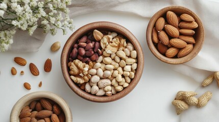 Assorted healthy nuts in rustic bowls on white background