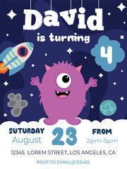 Vector illustration of monster standing in outer space with rocket and planets in the background.Creature in galaxy. Birthday party, celebration, congratulations, invitation concept . EPS 10
