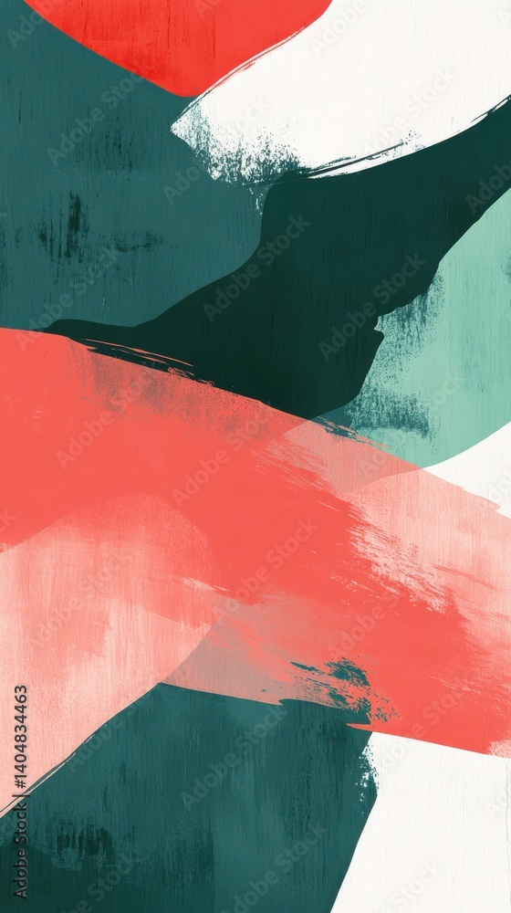 Poster dynamic abstract composition with brushstroke texture and vibrant colors of coral, teal, white, and 