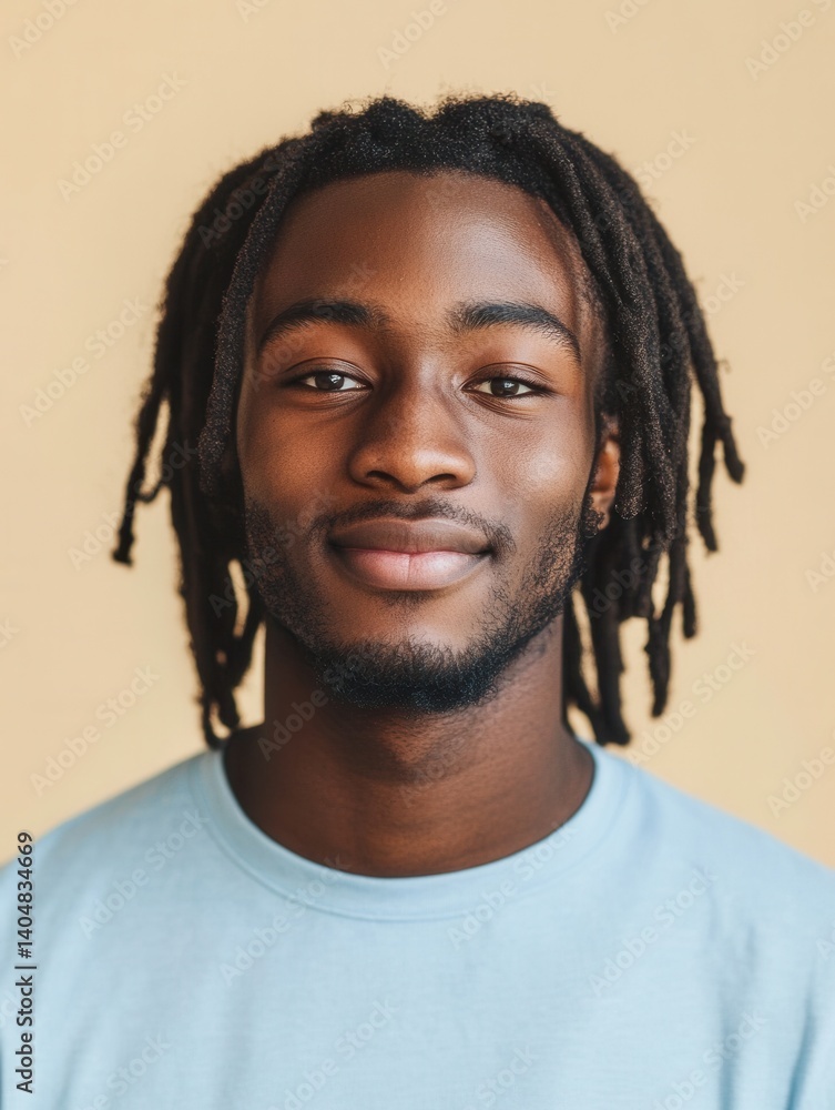 Poster Portrait of a Cheerful Young Man with Dreadlocks Smiling Confidently in Front of a Neutral Background