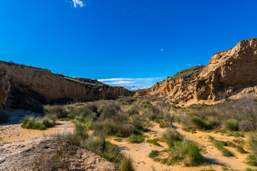 Barranco grande canyon showing eroded sandstone formations in bardenas reales desert