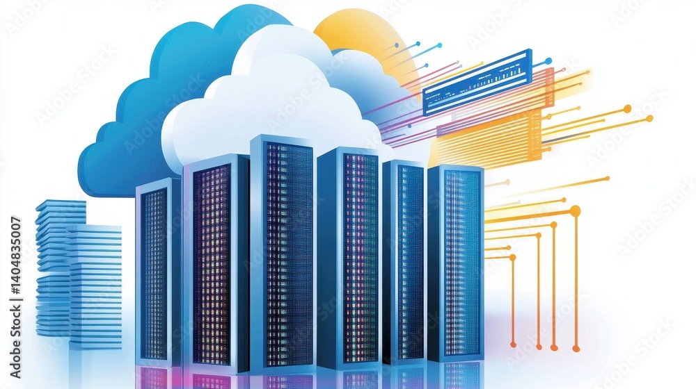 Poster modern data center with cloud computing elements, showcasing servers and digital connections