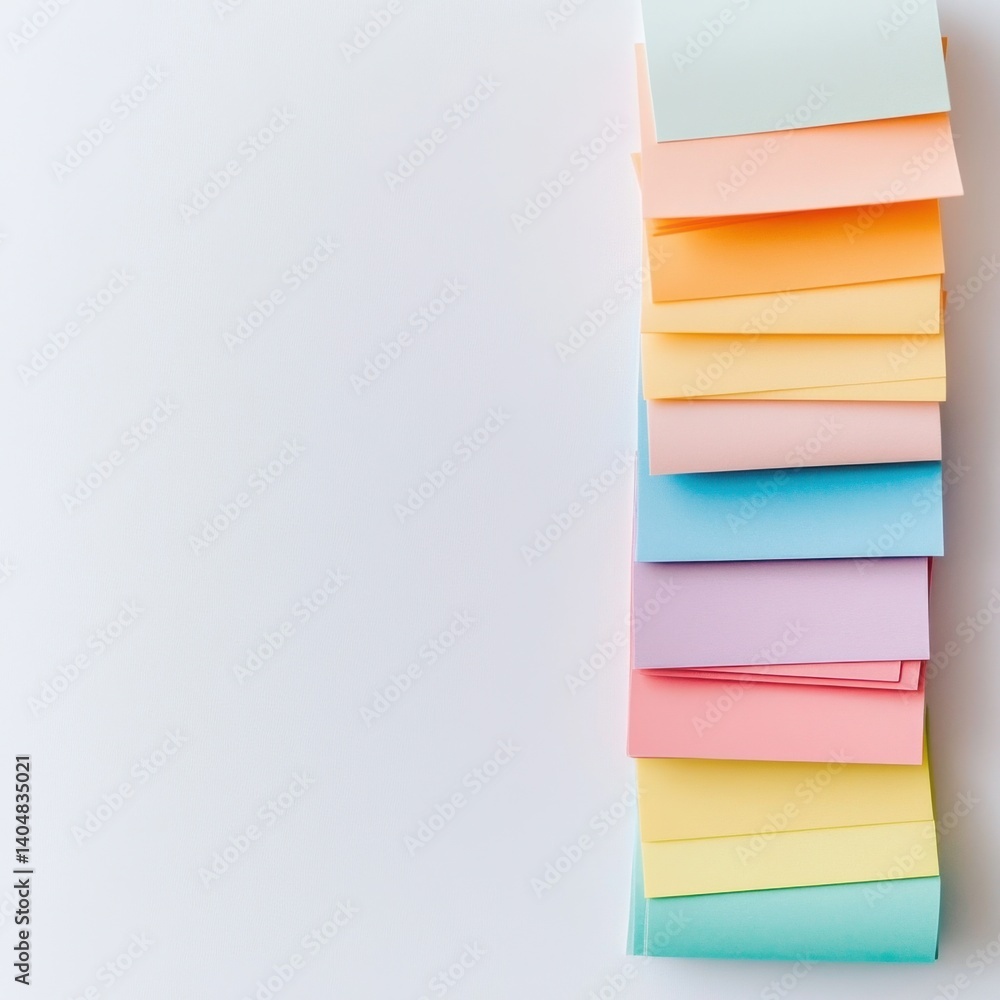 Poster pastel sticky notes: organized stack on white background for creative projects and office concepts