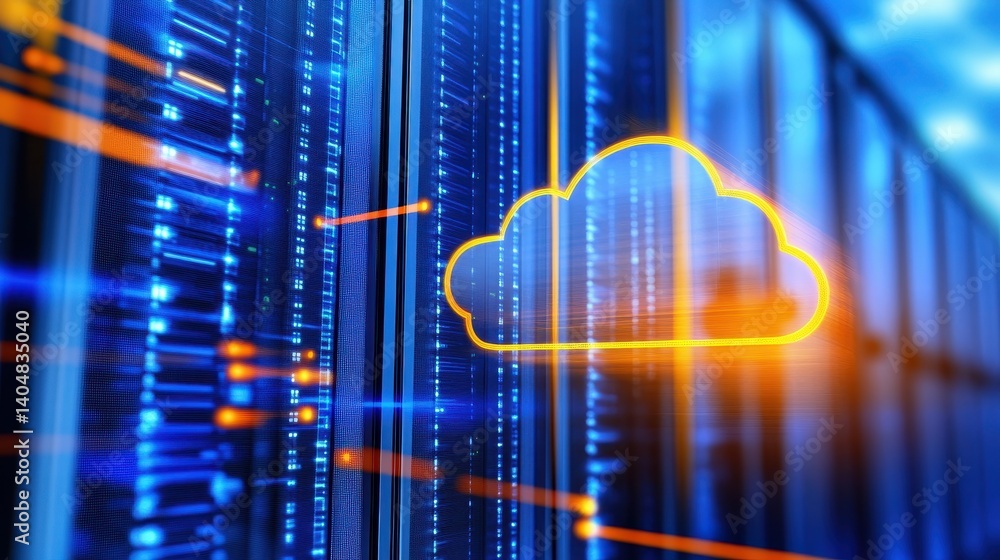 Poster futuristic data center with glowing cloud icon, representing cloud computing technology