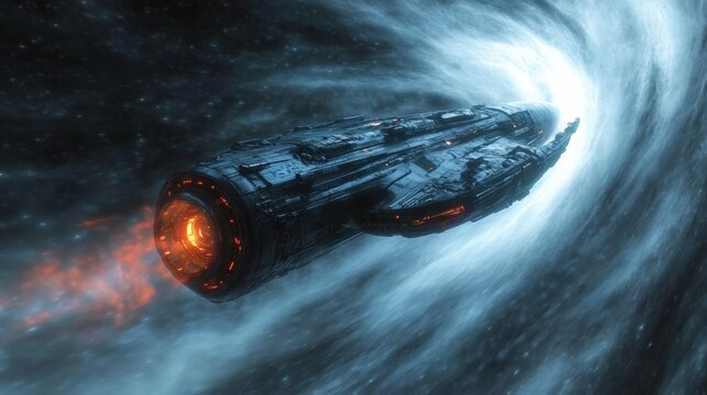 A spaceship traverses a cosmic anomaly its engines blazing against the ethereal light of the unknown venturing into the depths of space