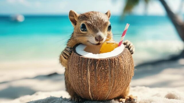 A funny, adorable animal dressed in summer Hawaiian clothes and sunglasses, sipping from a coconut with a straw, enjoying the tropical beach background. Vacation .Funny meme with copy space 