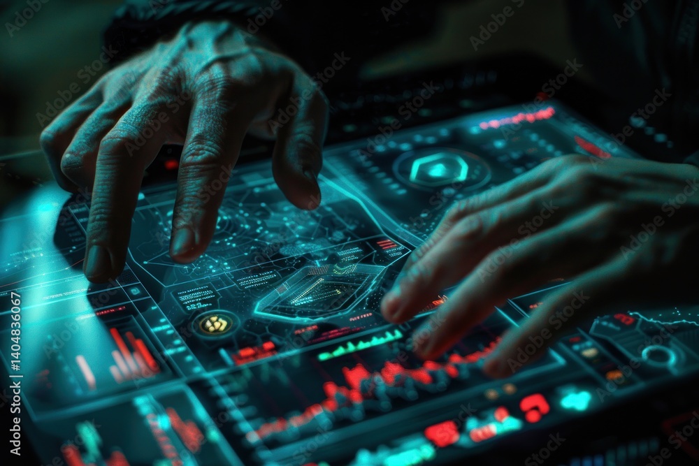 Aufkleber futuristic technology interface, hands interacting with advanced digital display