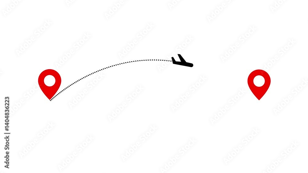 Poster airplane flight path from point a to point b with red location pins on white background animation