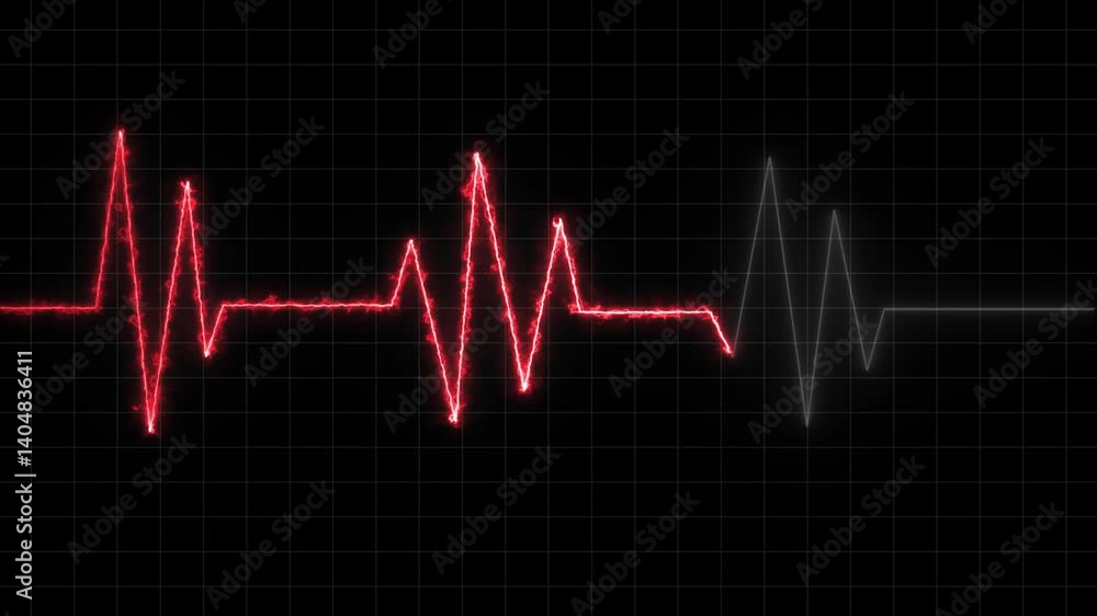Poster fading heartbeat pulse animation on black grid background with red and grey signals