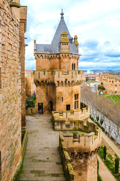Royal palace of olite towering over medieval town in navarre, spain