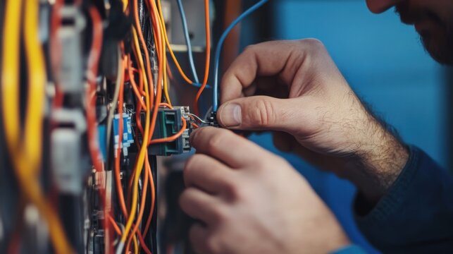Electrician fixing electrical wiring. Featuring electrical work and wire repair
