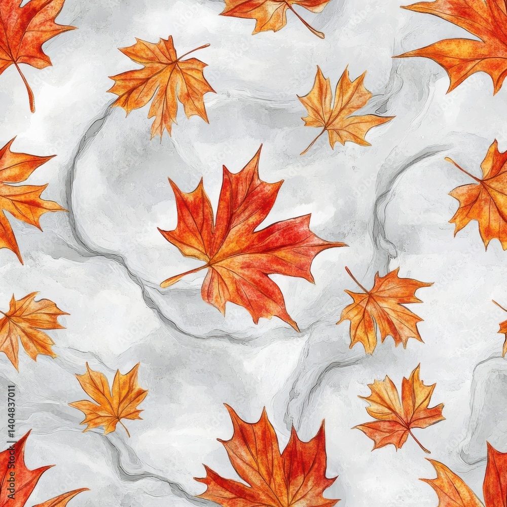 Poster autumnal pattern with orange maple leaves on a textured white and gray background for fall themed ba